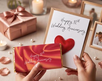 結婚12周年記念カード。シルク製ハート型結婚12周年記念カード。封筒付き。シルク製結婚12周年記念カード