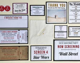 May include: A set of wedding invitations with a movie ticket theme. The invitations are black and white with red and gold accents. The text on the invitations includes "Save the Date", "A Massive Thank You", "Sarah & Brad's Wedding", "The Wedding", "The Reception", "The Wedding Breakfast", "Screen 4", "Star Wars", "2015 Christmas Party", "Now Screening", and "Wall Street".