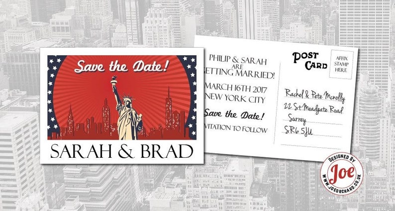 PRINTED Vintage New York Postcard Wedding Save the Date / Wedding Invitation image 1
