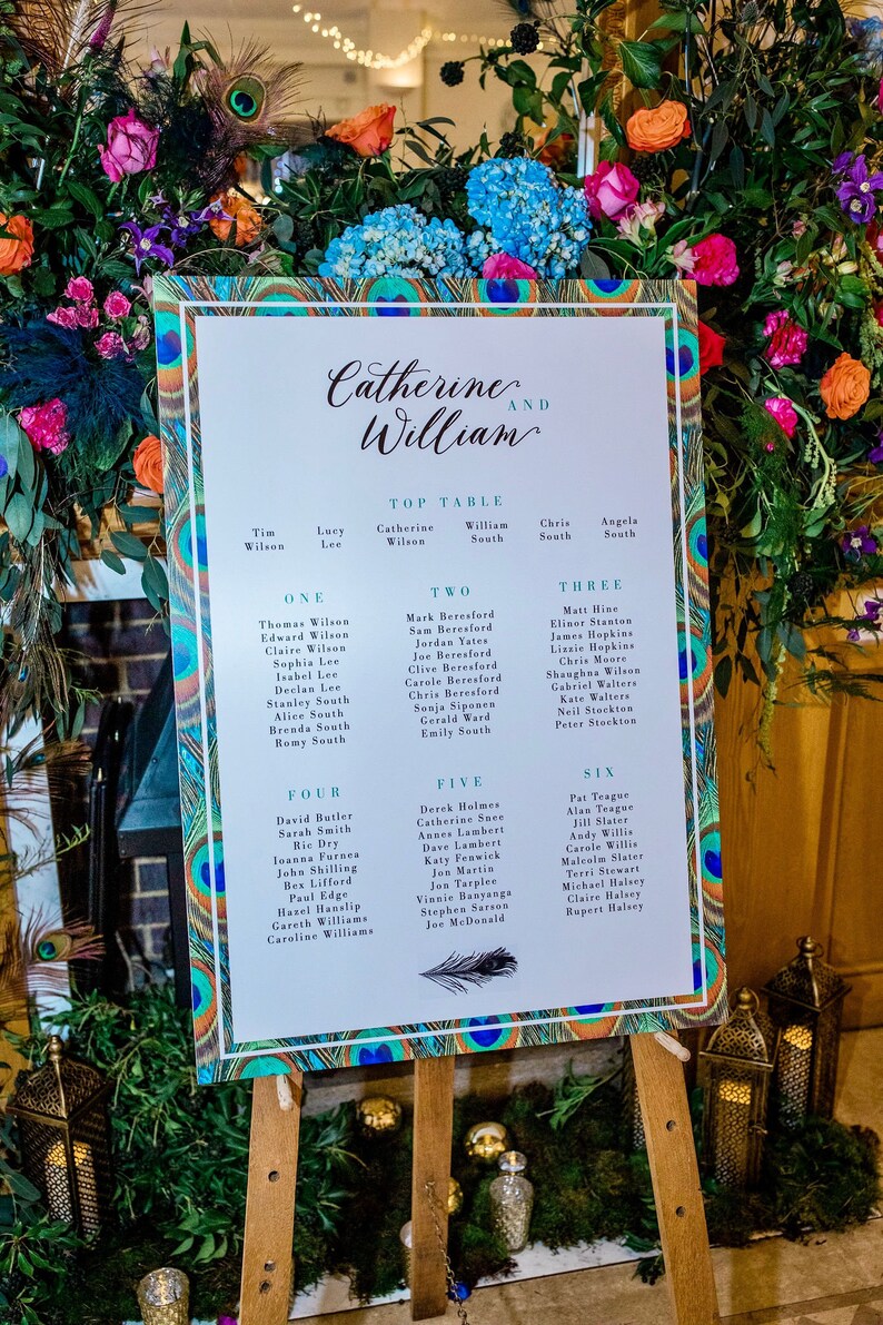 Peacock Wedding Table Plan Jewel tone peacock feather table plan peacock seating chart seating plan