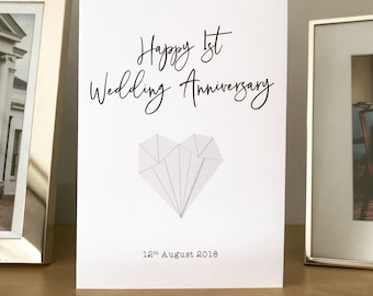 結婚 1 周年記念カード。結婚 1 周年記念の折り紙ハートカード。封筒付き。