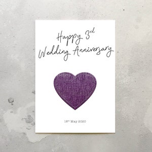 Tarjeta del 3.er aniversario de bodas. Tarjeta con corazón con estampado de cuero para el 3.er aniversario de bodas. Sobre incluido. Tarjeta de cuero para el 3.er aniversario de bodas