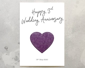3rd Wedding Anniversary Card. 3rd Wedding Anniversary leather print heart Card. Envelope Included. Third anniversary leather anniversary