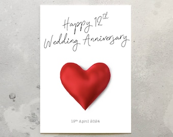 12th Wedding Anniversary Card. 12th Wedding Anniversary Silk heart Card. Envelope Included. Twelfth anniversary Silk anniversary card