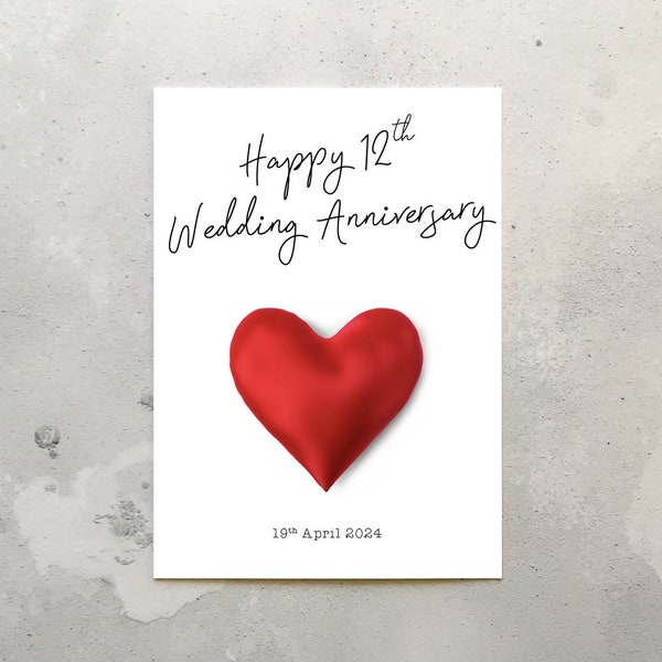 12th Wedding Anniversary Card. 12th Wedding Anniversary Silk heart Card. Envelope Included. Twelfth anniversary Silk anniversary card