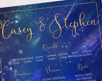 Milky Way themed Wedding Table Plan  blue and gold wedding seating plan