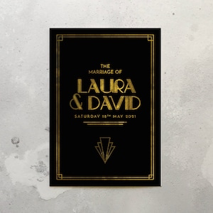 May include: Black and gold wedding invitation with a geometric design. The text reads "The Marriage of Laura & David, Saturday 18th May 2021".