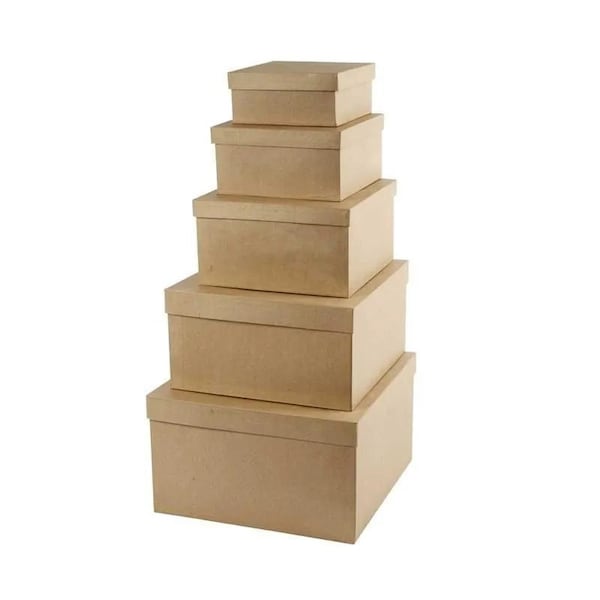 5 Square Hat Boxes Natural Paper Mache Card Boxes | Gift Storage Decorate Personalize