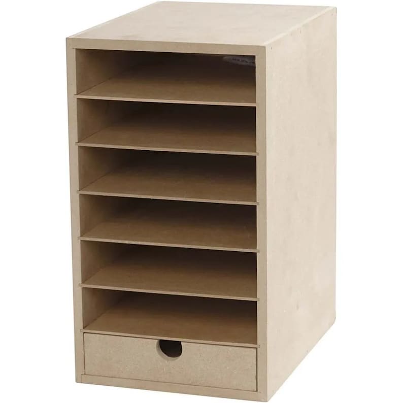 May include: A wooden organizer with eight shelves and a drawer. The organizer is made of unfinished wood and has a natural color.