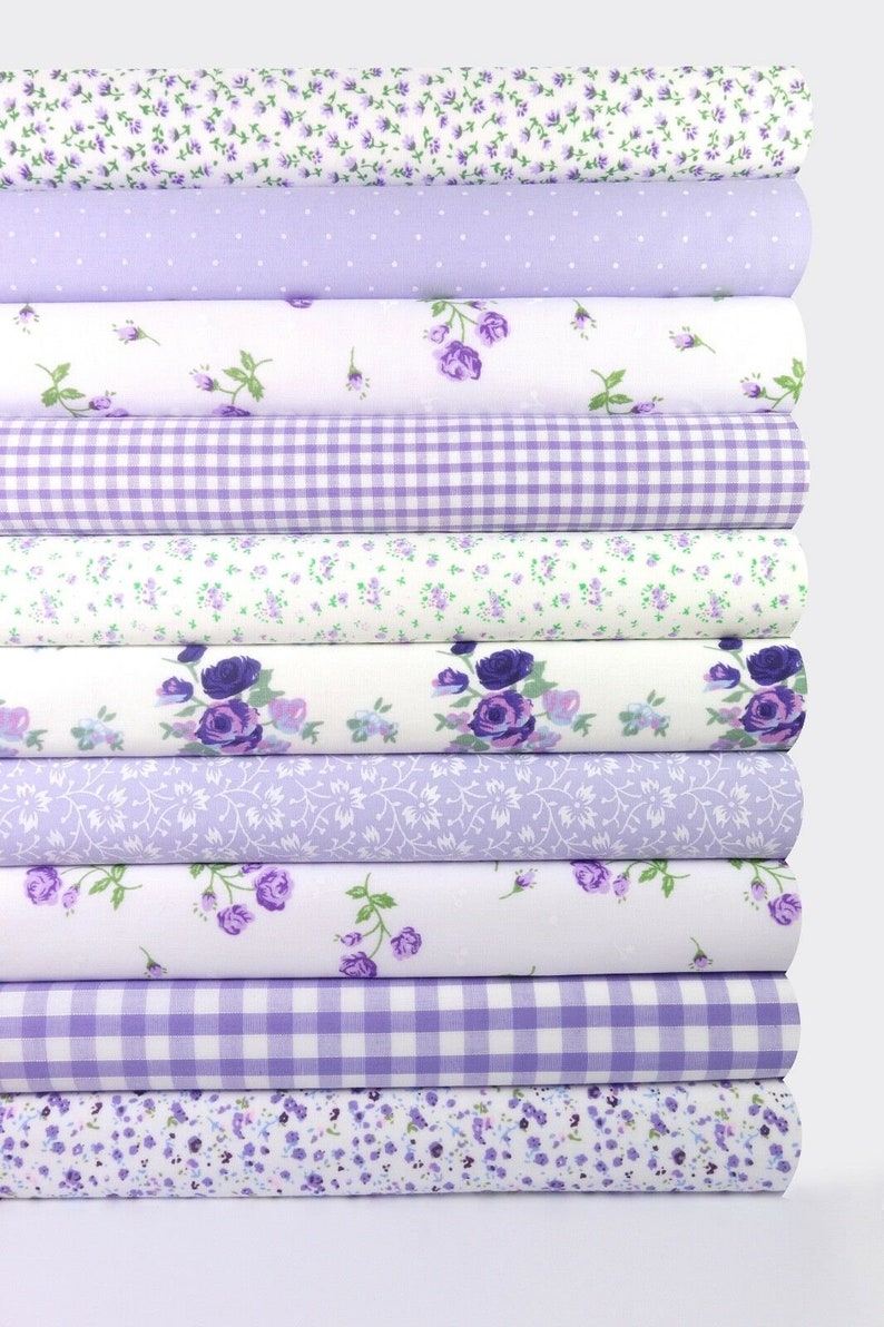 Fabric bundles Fat Quarters Polycotton Vintage Roses Gingham Spots Craft Lilac * 10