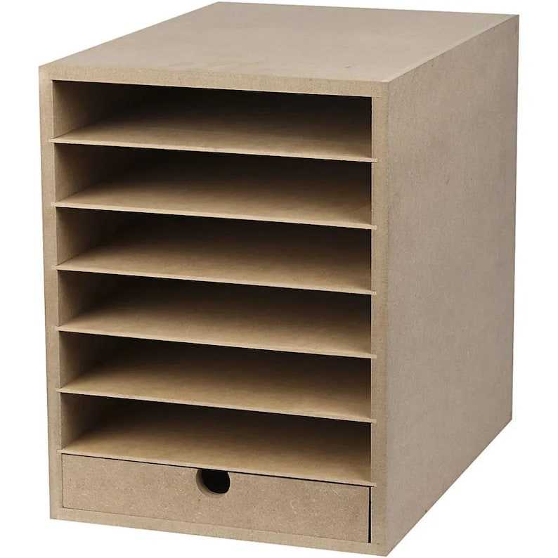 May include: A wooden storage organizer with eight shelves and a drawer. The organizer is made of unfinished wood and has a simple, rectangular design.