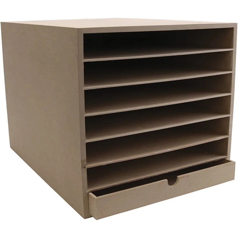 May include: A light brown wooden storage organizer with eight shelves and a drawer. The organizer is made of unfinished wood and can be painted or stained.