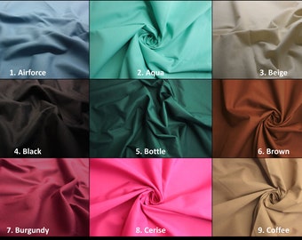 May include: Nine fabric swatches in different colors, including airforce blue, aqua, beige, black, bottle green, brown, burgundy, cerise, and coffee. Each swatch is folded and arranged in a grid pattern.