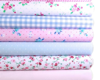 Fabric bundles 10 X Fat Quarters Polycotton Material Florals Gingham Spots Craft - PINK & BLUE