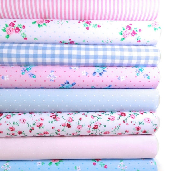 Empaquets en tissu 10 X Fat Quarters Polycotton Material Florals Gingham Spots Craft - PINK - BLUE