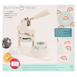 May include: White button maker with a lever and a clear plastic base. The machine is used to create buttons, keychains, magnets, and more. The packaging includes 20 pieces. The text on the packaging reads "Button Maker, Createur de Boutons, Fabrica de Botones, Knopfpresse".