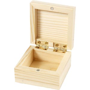 May include: An empty wooden box with a hinged lid. The box is made of natural wood and has a light brown color. The box is open and the lid is propped up.