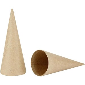 May include: Two brown paper cones, one standing upright and the other lying on its side. The cones are made of a sturdy paper material and are ideal for crafting projects.