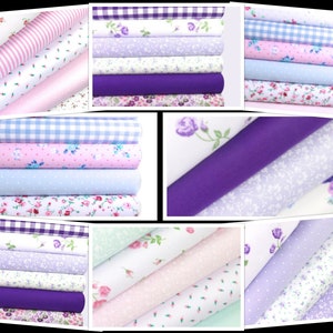 K&ouml;nnte beinhalten: Eine Collage von Stoffrollen in verschiedenen Pastellfarben. Die Stoffe weisen Blumen-, Streifen-, Tupfen- und Vichy-Muster in Rosa, Lila und Blau auf. Die Rollen sind gestapelt und zeigen die verschiedenen Designs.