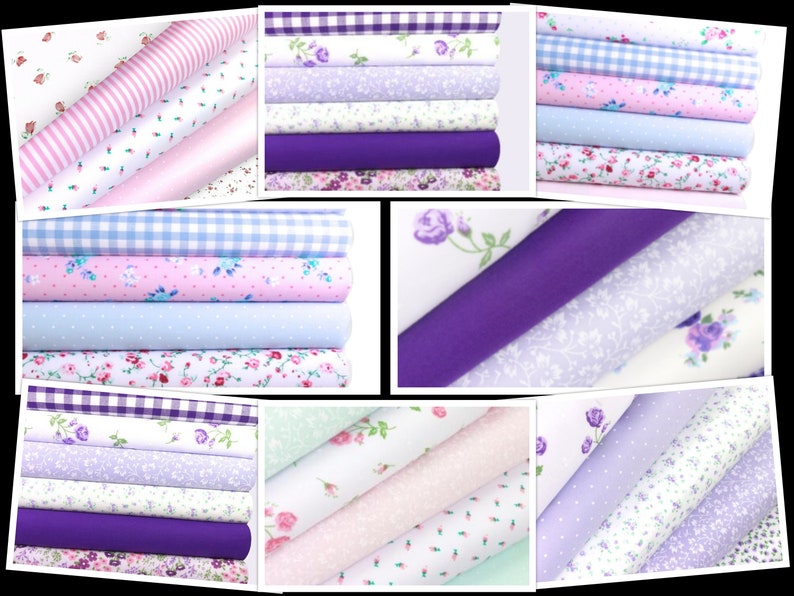 K&ouml;nnte beinhalten: Eine Collage von Stoffrollen in verschiedenen Pastellfarben. Die Stoffe weisen Blumen-, Streifen-, Tupfen- und Vichy-Muster in Rosa, Lila und Blau auf. Die Rollen sind gestapelt und zeigen die verschiedenen Designs.