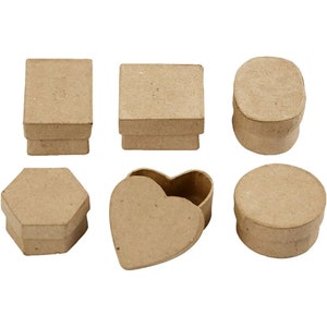 May include: Set of six brown paper mache boxes in various shapes, including square, round, heart, and hexagon. The boxes are all made of a textured paper material and are perfect for crafting or gift giving.