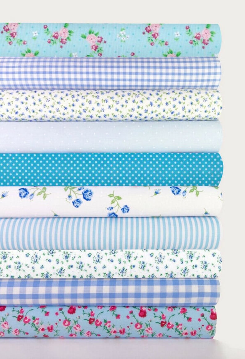 Fabric bundles Fat Quarters Polycotton Vintage Roses Gingham Spots Craft Blue * 10