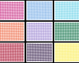 Könnte beinhalten: Neun verschiedene Gingham-Muster in verschiedenen Farben. Die Farben sind rosa, hellblau, türkis, orange, lavendel, grün, rot, dunkelviolett und gelb.