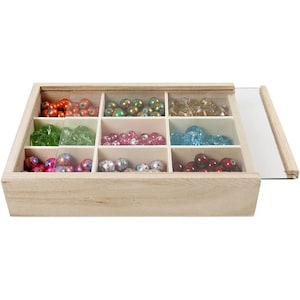 Boîte de présentation à 9 compartiments avec couvercle coulissant en verre Boîte à bijoux à bijoux à peindre et à décorer 17 x 13 x 3,5 cm
