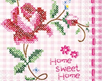 5 Napkins Decoupage Cross-Stitch Rose Pink Home Sweet Home Tissues Party Craft