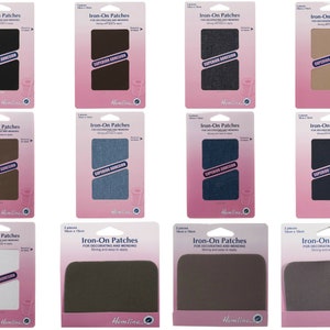 May include: A pack of 10 iron-on patches in various colours and textures, including black, brown, beige, blue, and grey. The patches are labelled "Iron-On Patches for Decorating and Mending".