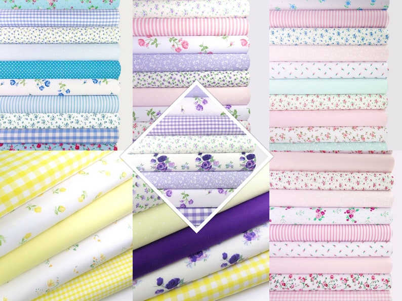May include: A collection of 24 fabric rolls in various patterns and colors, including floral, gingham, and stripes. The fabrics are in shades of pink, blue, yellow, and purple.