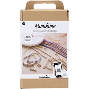 May include: A Kumihimo starter craft kit in a brown cardboard box. The kit includes colourful threads, beads, and instructions. The image shows finished bracelets with letter beads spelling "PEACE" and "BFF". A smartphone displays a QR code for an online video tutorial.