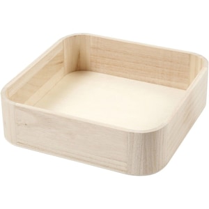 May include: A square wooden tray with rounded edges and a natural wood finish. The tray is empty and ready to be filled with items.