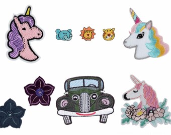 May include: A set of 10 iron-on patches featuring various designs, including unicorns, a truck, flowers, and animals. The patches are colorful and whimsical, perfect for adding a touch of personality to clothing, bags, or other accessories.