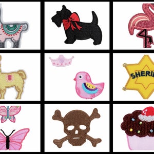 May include: A set of ten iron-on patches featuring various designs, including a llama, a black dog, a flamingo, a sheriff's star, a bird, a skull and crossbones, a butterfly, and a cupcake.