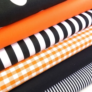 Tygbuntar Fat Quarters Polycotton Material Halloween Gingham Prickar Hantverk - Orange & Svart