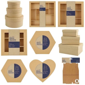 May include: A set of brown cardboard boxes in various shapes and sizes, including a square box with compartments, a hexagonal box, a heart-shaped box, and a round box. The boxes are all made of recycled cardboard and have a natural, rustic look. The boxes are ideal for packaging gifts, crafts, or other small items.