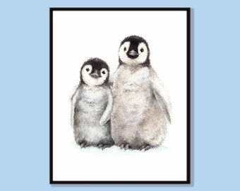 Two Little Penguins- 1 digital print for children's room, Instant Download, Watercolor prints, Penguins Two Jpg sizes