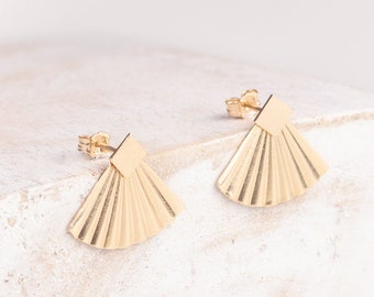 CHINA Square fan Studs in 14k Gold-Filled, Jacket Earrings, Front back earrings, Fan earrings, Art deco earrings