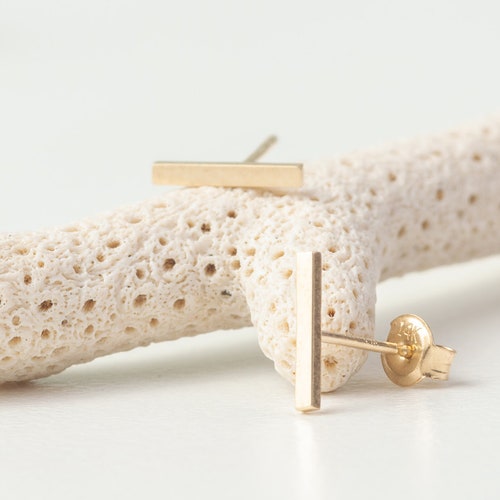 14k Gold Bar Stud Earrings Etsy