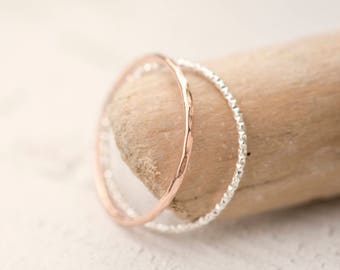 SRI LANKA dainty ring in 14k rose gold filled and 925 Sterling silver, Stacking ring set, Hammered rings