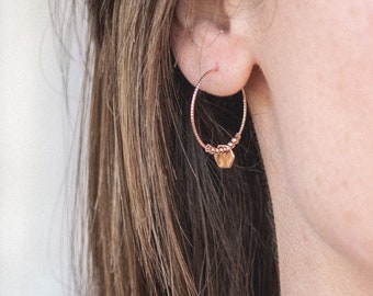 GUATEMALA hoop earrings in 14k Rose Gold filled with dangling hexagon, Summer hoops, Gold filled hoops, Hoops with pendant, Hammered hoops