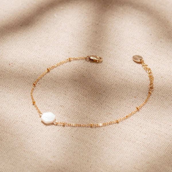 Bracelet femme en Or Gold-Filled 14 carats et Nacre Blanche, bracelet TAHITI, perle naturelle et or, bracelet mariage blanc