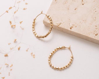 UBUD textured oval hoop earrings in 14k Gold-Filled faceted beads, Boho chic earrings