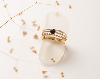 ROUEN ring set in 14k Gold-filled with black agate, creative stacking ring set, hammered ring, rings combo