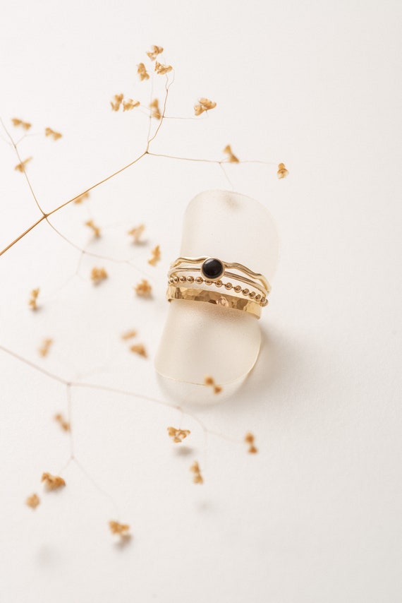 Bague texturée femme en Or Gold-Filled 14 carats et agate noir, combo de 4 bagues, étincelante bague ROUEN