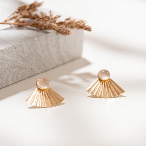 MALAYSIA Jacket Earrings in 14k Gold-Filled with White Mother-of-pearl round studs, jacket earrings, fan earrings, front back earrings