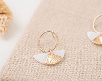 TAHITI Earrings in 14k Gold-Filled with natural nacre mother of pearl, half moon fan earrings, white pendant earrings, gemstone earrings