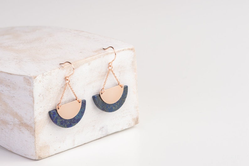 Natural Lapis Lazuli RUSSIA Earrings in natural Lapis Lazuli and 14k Rose gold filled Half moon earrings