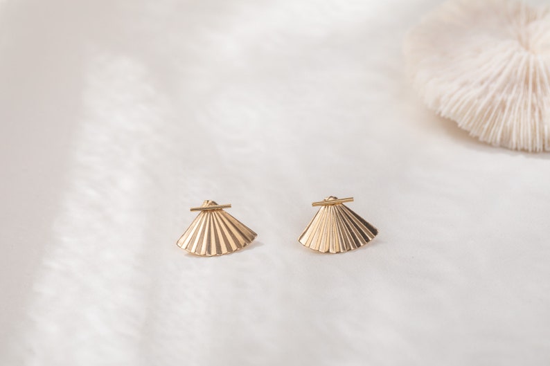CHINA fan Studs in 14k Gold-Filled, Jacket Earrings, Front back earrings, Fan earrings, Art deco earrings image 4